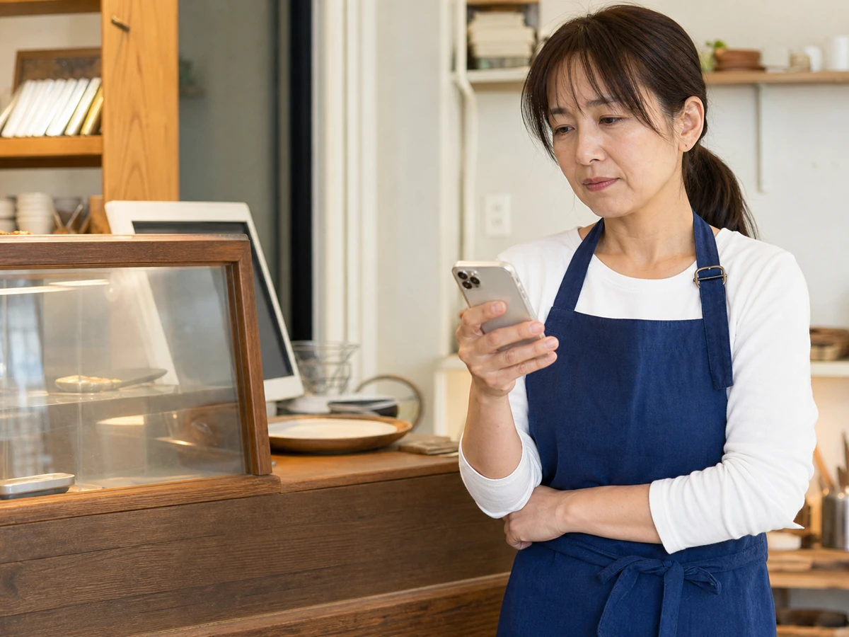 スマートフォンを見ながら自店舗のWebの見え方を考える店舗オーナー